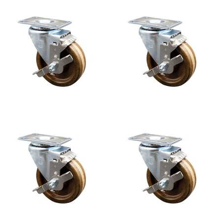 Service Caster 4'' High Temp Phenolic Wheel Swivel Top Plate Caster Set with Brake, 4PK SCC-20S415-PHRHT-TP2-TLB-4